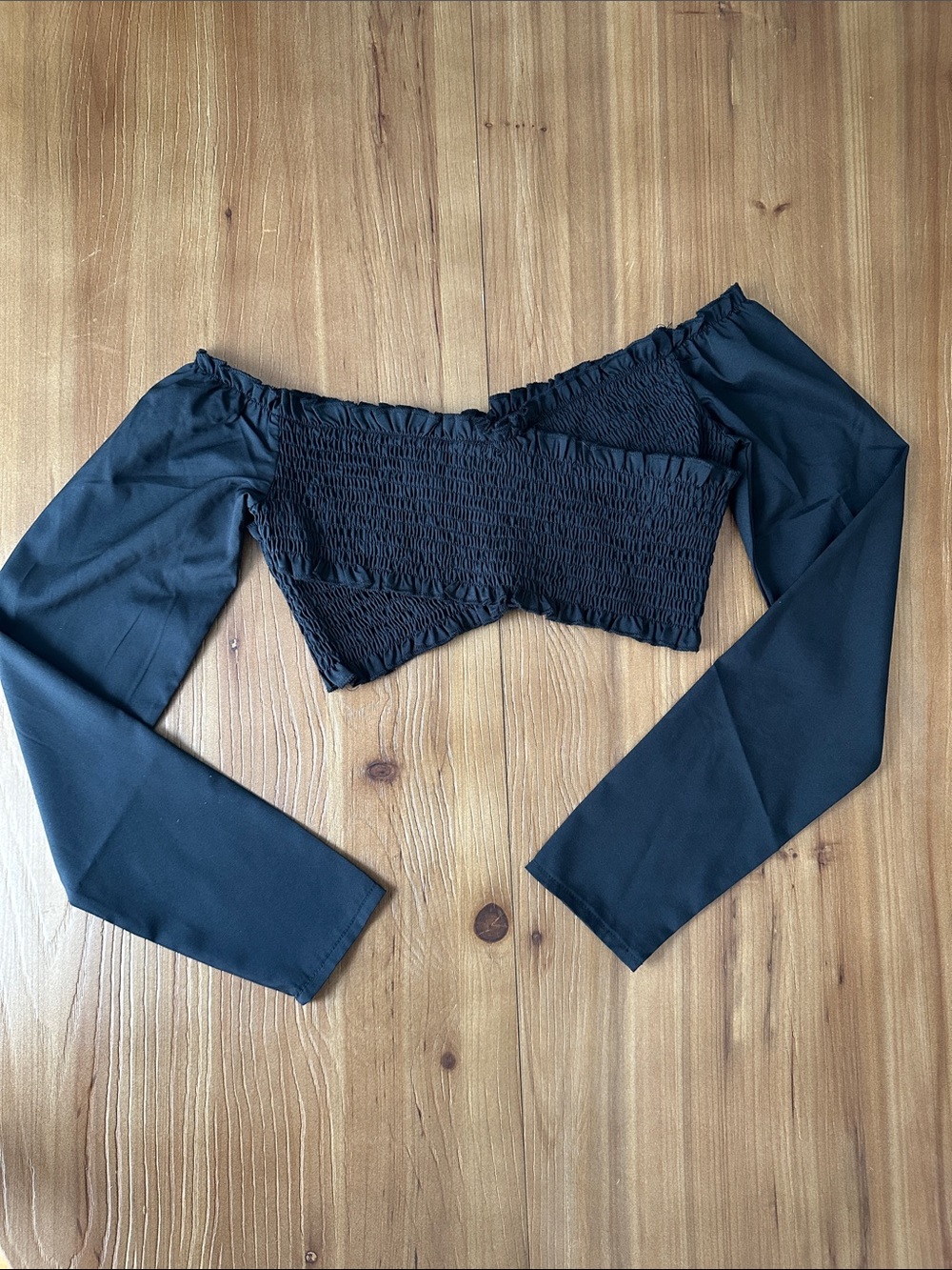 Nasty Gal Black Off-Shoulder Smocked Long-Sleeve Crop Top